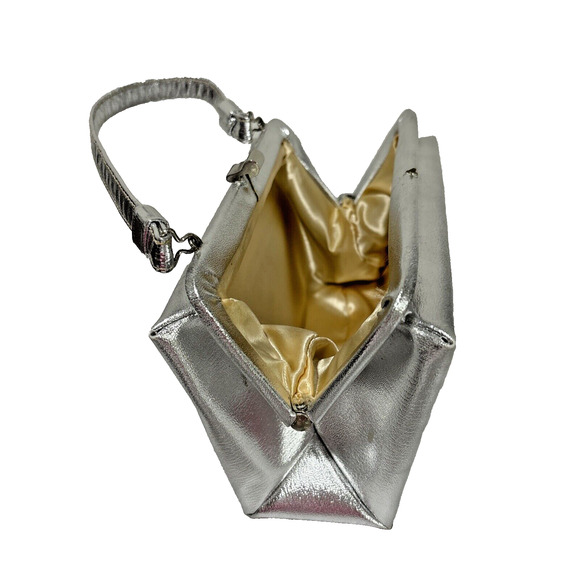 Vintage Silver Metallic Evening Bag Mid Century Top Handle Dressy Event Purse - Picture 4 of 10